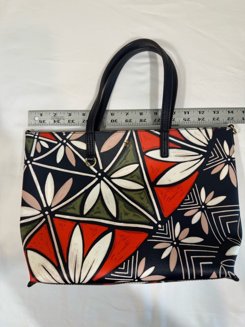 Tory Burch Navy Floral Geo Tote with Red and Olive Accents - Picture 8 of 9